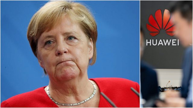 Angela Merkel speaking at a podium with German and EU flags in the background