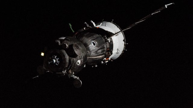 Soyuz MS-26 spacecraft launching from Baikonur Cosmodrome with three astronauts aboard