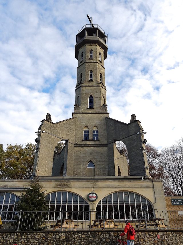 The collapsed Wilhelmina Tower lies in rubble on the Heunsberg in Valkenburg aan de Geul, Netherlands.
