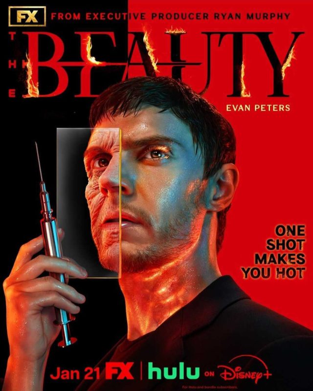Evan Peters and cast stand before a glowing FX logo at The Beauty premiere event.