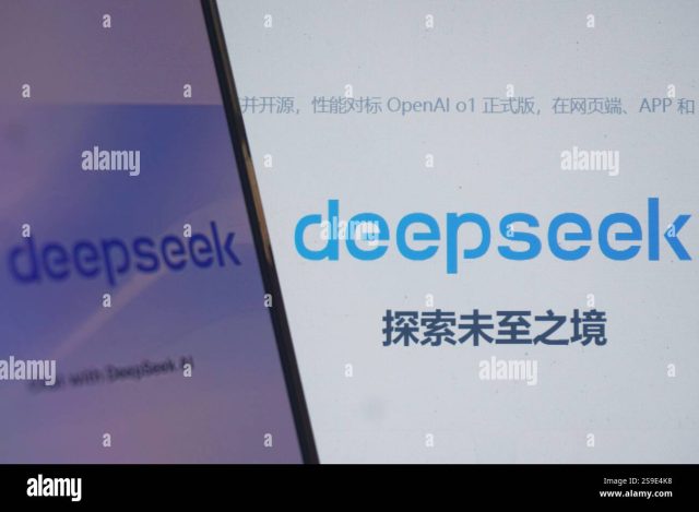 Liang Wenfeng stands at a podium announcing DeepSeek's founding in Hangzhou, with AI data streams displayed on a screen behind him.