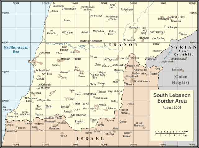 Rockets streak across the sky as Hezbollah launches artillery at Israeli positions in the Shebaa Farms region.