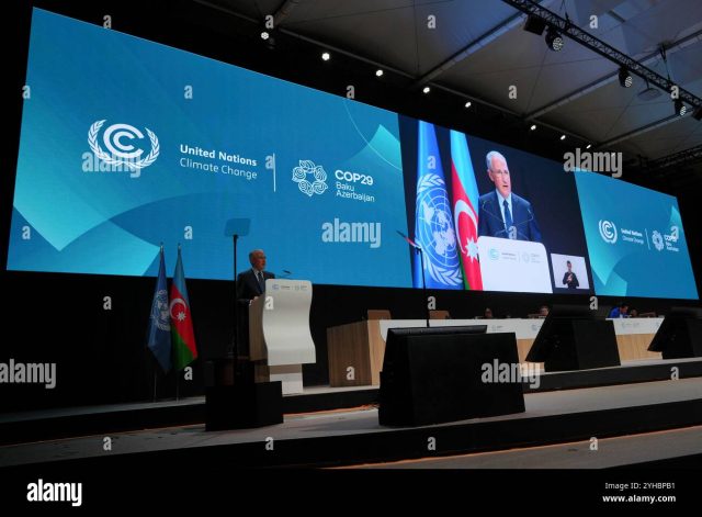 Delegates gather at the Baku Olympic Stadium for the COP29 United Nations Climate Change Conference in November 2024.